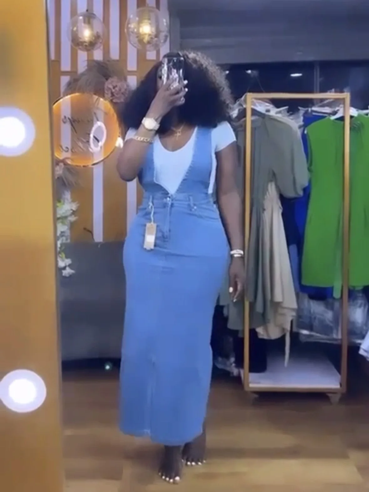

Women's Denim Two-Piece Set round Neck Short Sleeve T-Shirt Deep V-Waist Split Mid-Length Skirt Casual Elegant Outfit