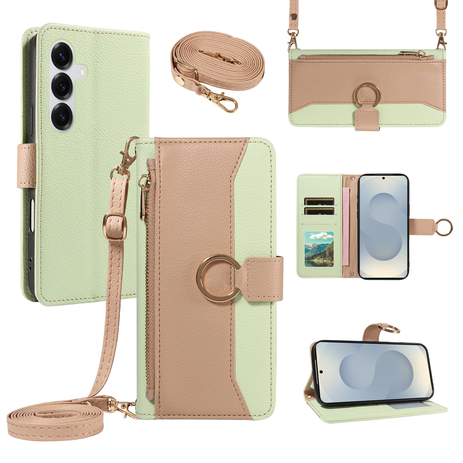 Patchwork-Ring-Reißverschluss-Brieftaschen-Schutzhülle für Samsung S26Ultra S25 Plus S24+ S23 S22 S21 S20 Fe Handyhülle mit Münzfach und Umhängegurt Kunstleder-Handytasche – Detail 1