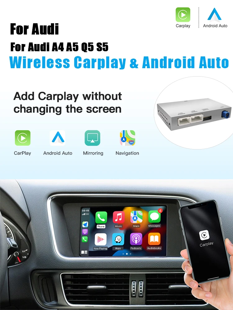 AUTOABC Drahtloser CarPlay Android Auto-Schnittstellenadapter für Audi A4 B8 A5 Q5 S5 2009–2015 mit AirPlay Mirror Link Bluetooth