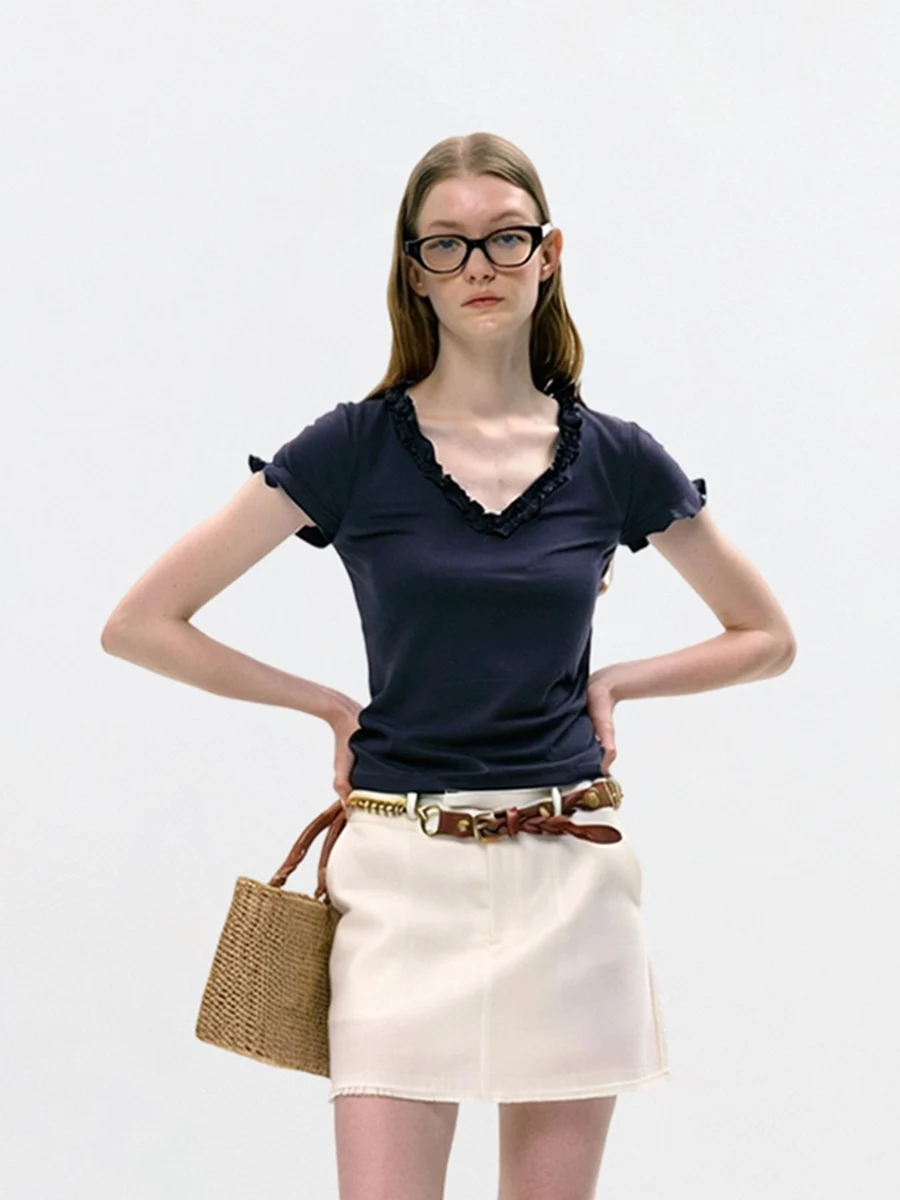 

AHMI Casual Ruffle Splice V-Ne ort Sve T-irt Women's Faionable Slimming Top Summer New Sle Versatile Commute Wind