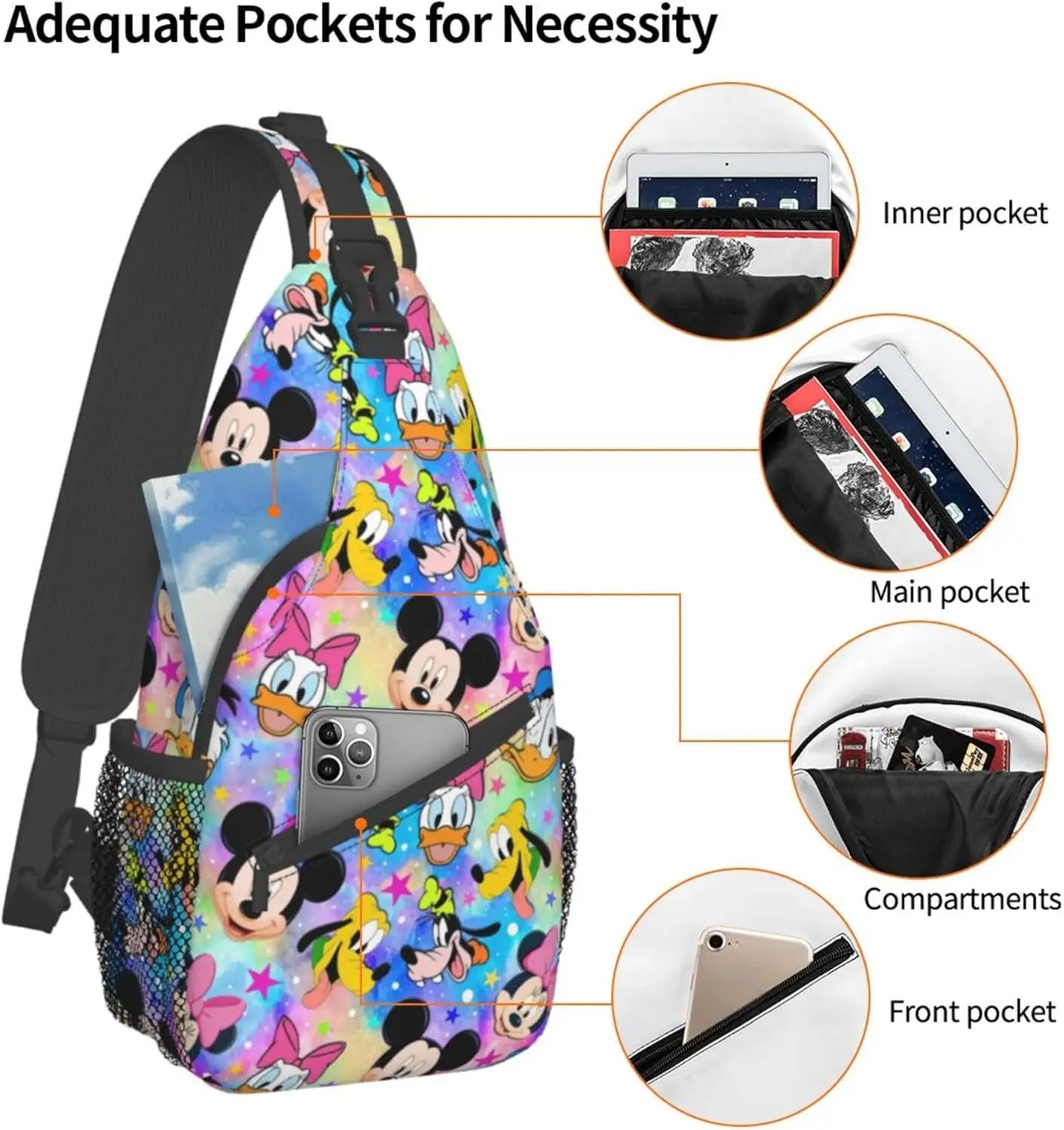 Disney Mickey Chest Bags for Travel Hiking Cute Sling Bag for Women Men Cartoon Shoulder Bag Crossbody Bags Mini Purse Backpack