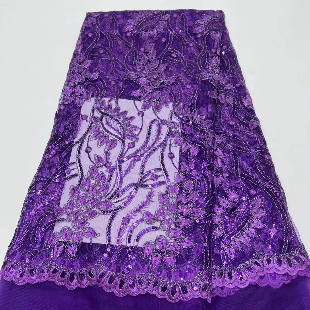 

New Arrival Purple African Lace Fabric 2022 High Quality French Sequins Embroidery Nigerian Lace Fabric For Party Dress KR2328