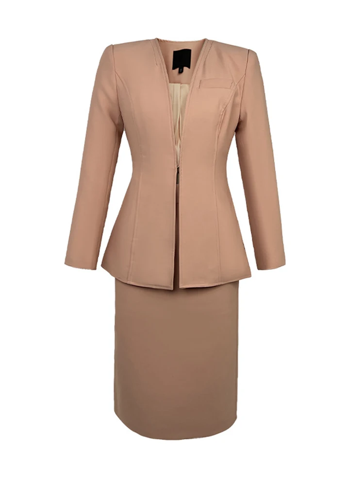 Lente Herfst 2 Stuk Outfit Past Vrouwen Professionele Formele Pendelen Roze Tops Jas Blazer Pak Hoge Taille Midi Rok Potlood set