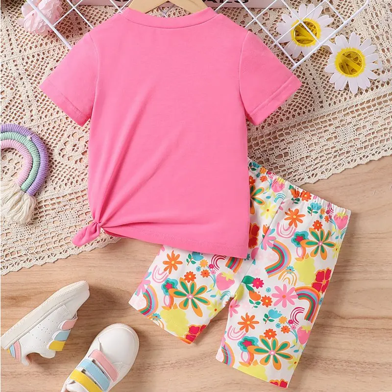 Summer Toddler Kids Girl Clothes Sets Floral Rainbow Sunshine Short Sleeve T Shirts and Shorts Girls 2pieces Children's Outfits