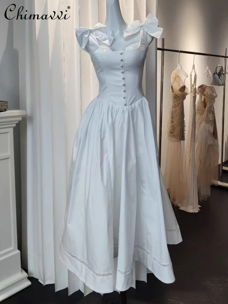 

French Elegant Princess Evening Dress 3D Bow Square Neck Sleeveless Single-Breasted High Waist Slim Fit White Long Dress Women