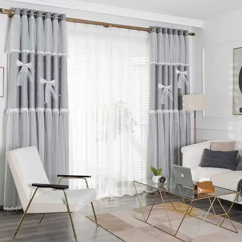 New Hollow Stars Curtains for Living Dining Room Bedroom Yarn One Double-layer Lace Floating Window To Block The Sun Custom Size