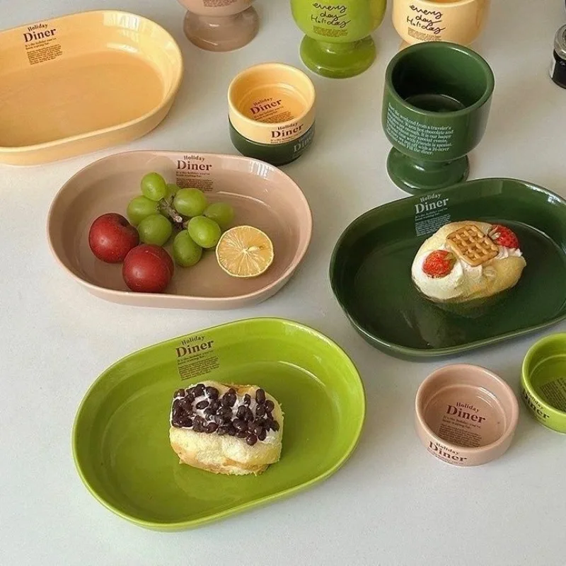 Korean Dishes,Oval Steak,Western Dishes, Afternoon Tea Utensils Ceramic Plate Home Western Food Round Dinner Plates Tableware