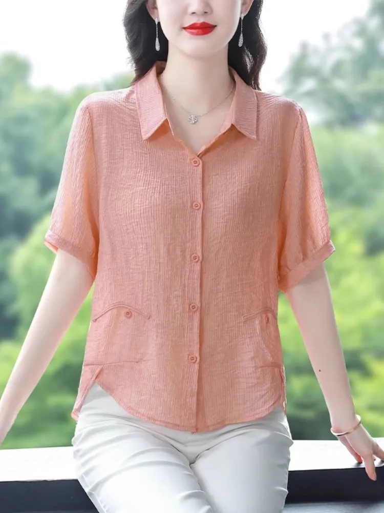 

Элегантная женская рубашка из хлопка и льна с коротким рукавом, летняя новинка, свободный крой, большие размеры, льняной топ, рубашка для мамы