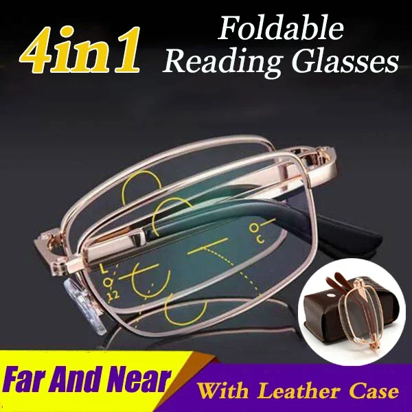 Lunettes de lecture bifocales pliantes avec boîte en cuir pour hommes et femmes, verres pliables en métal, lunettes myopes, dioptrie, 2024