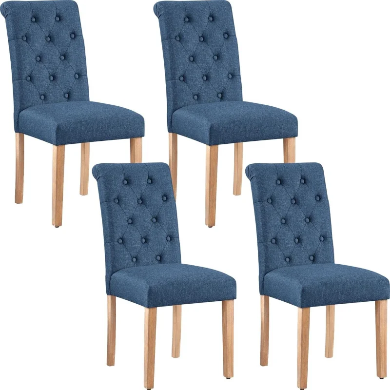 

Set of 4 Blue Dining Room Chairs, Modern Fabric Upholstered Design, Button Tufted High Back with Sturdy Solid Wood