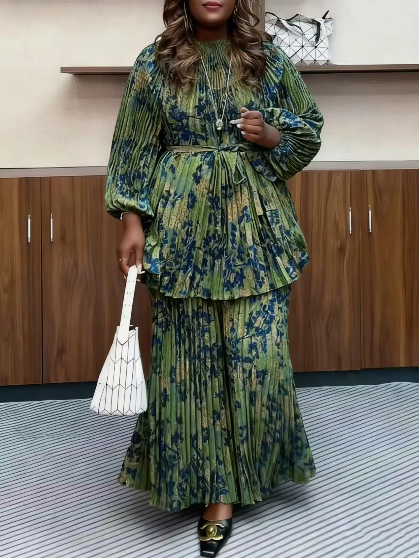 

2025 Miyake Folds Autumn New Fashion Printed Set Top Waist Skinny Wide Leg Pants Two-piece Set