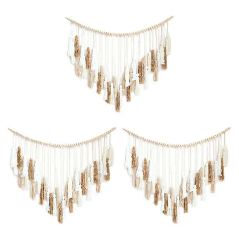 DT19 Macrame Wall Hanging with Wood Beads Bohemian Wall Decor Tassel for Bedroom Living Room Beige Brown 108x85cm 3 Pack