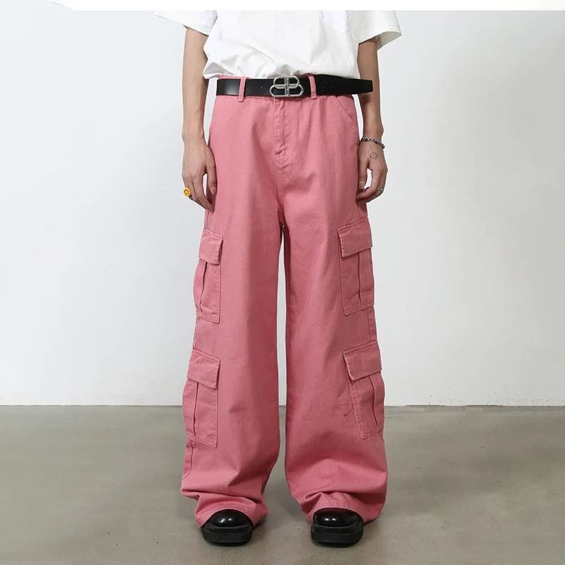 

HOUZHOU Pink Cargo Jeans Pants Men Oversize Wide Leg Denim Trousers Male Loose Casual Japanese Streetwear Hip Hop Pocket