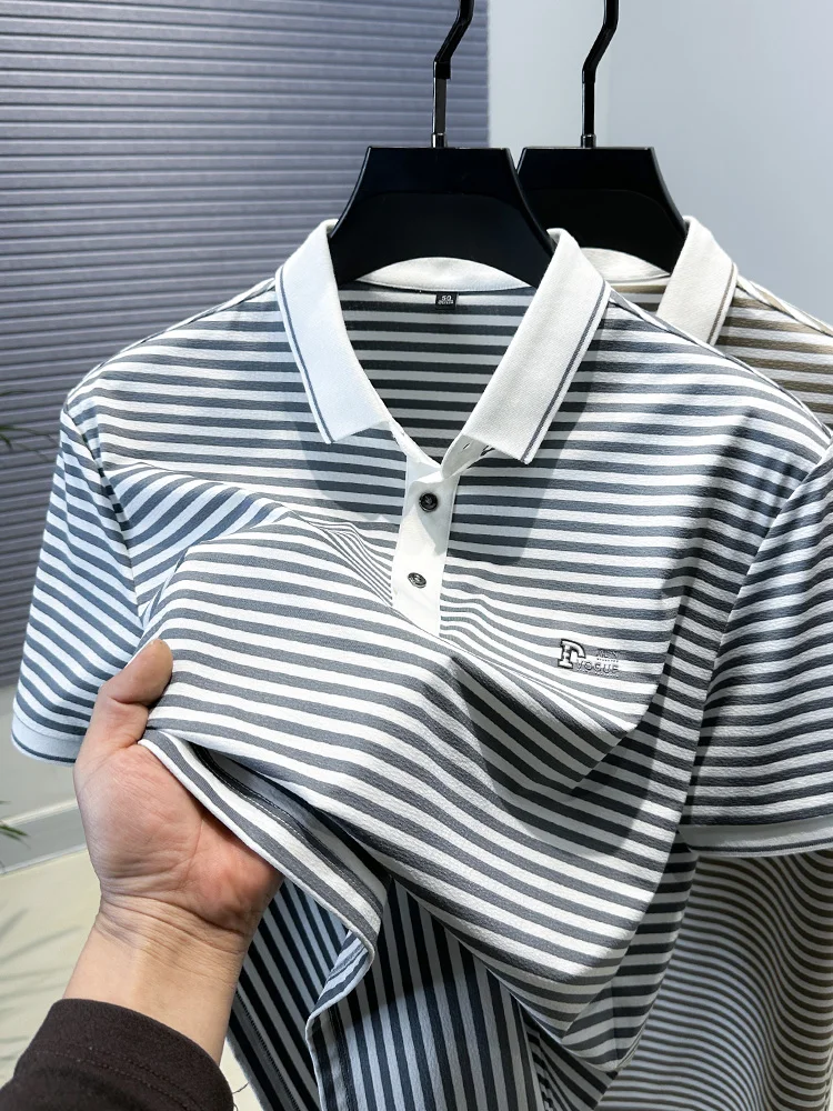 

High end ice silk brand polo shirt men's short sleeved summer men's color blocked waffle mesh T-shirt half sleeved slit top