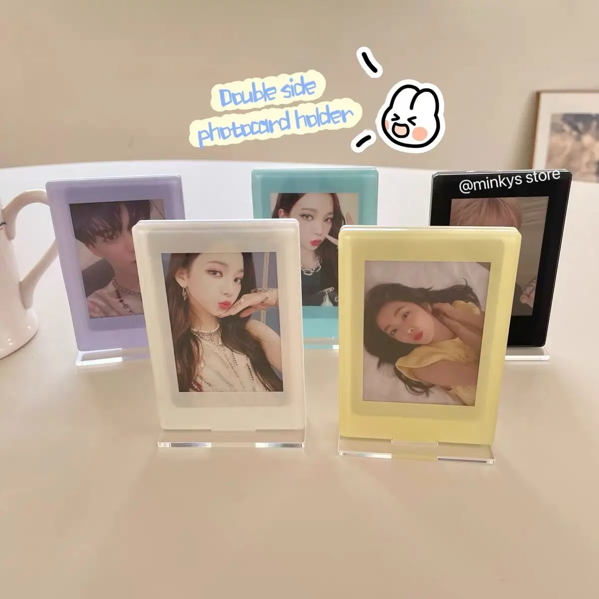 MINKYS มาใหม่ล่าสุด Kawaii คู่ด้านข้าง3นิ้วอะคริลิค Photocard ที่ยึดเฟรมบัตรรูปภาพผู้ถือขาตั้งจอแสดงผลโรงเรียนเครื่องเขียน
