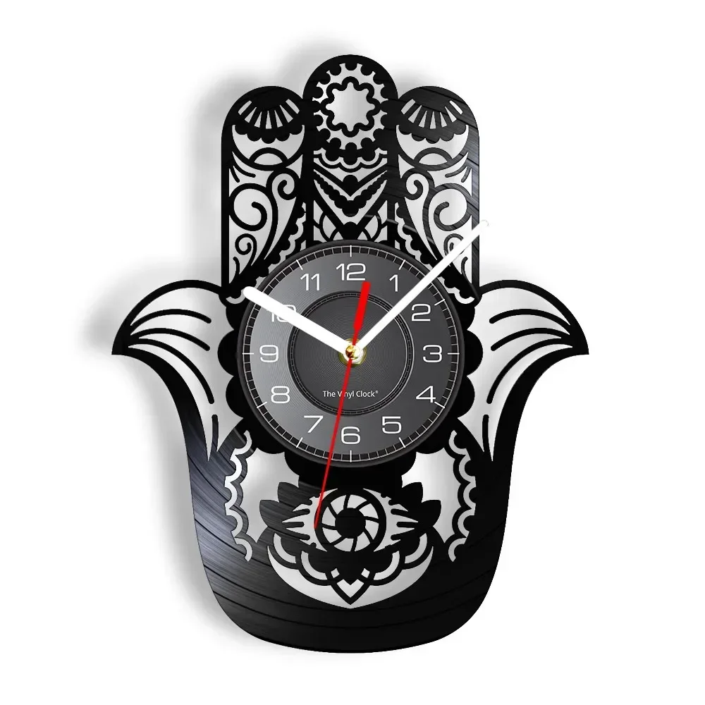 Kabbalah The Hamsa Hand Ethnic Wall Clock Made of Real Vinyl Record Bohemian Wall Art Fatima Home Decor Wall Watch New Home Gift