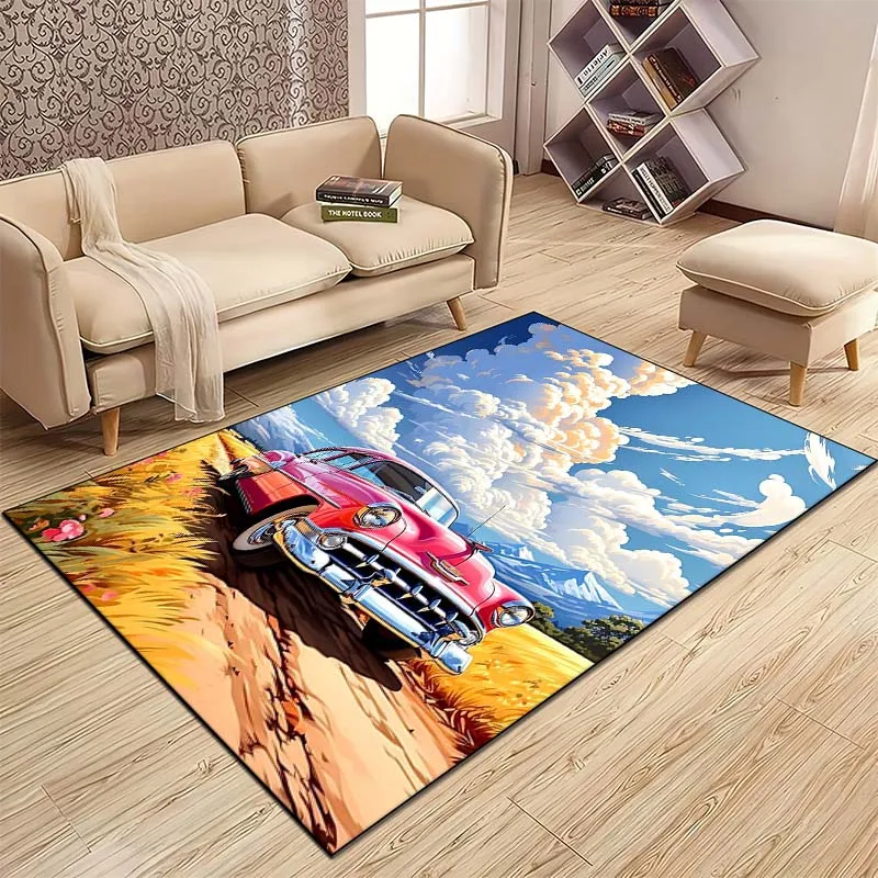 15 Sizes Retro Car Art Pattern Carpet Bedroom Floor Mat Decor Living Room Carpet Bathroom Anti-slip Rugs Living Room Decoration