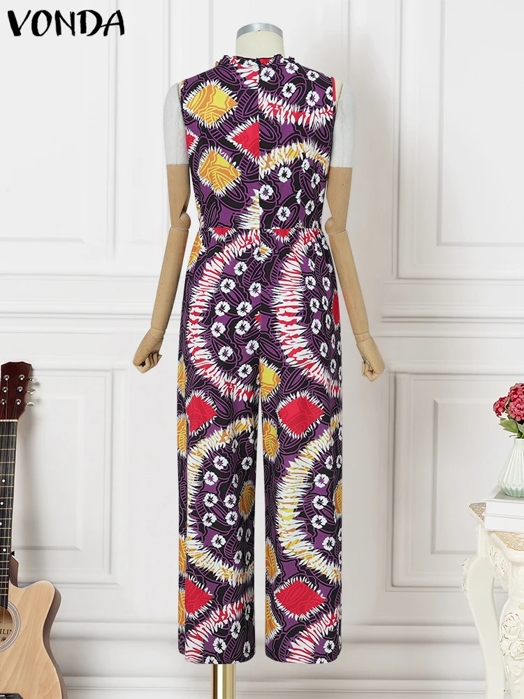 Plus Size Women Jumpsuits Vintage Printed Sleeveless Overalls 2025 VONDA Summer Beach Wide Leg Playsuits Casual OL Work Jumpsuit
