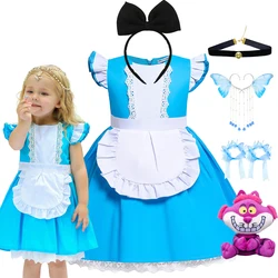 Girl Alice Cosplay Costume Children Blue Cortton Maid Lolita Dress Movie Wonderland Character Costume Halloween Disguise Clothes