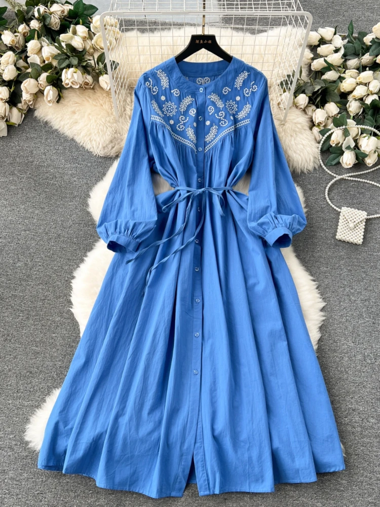 Women Bohemian Style Long Dress Spring Autumn Long Sleeved Retro Embroidered Floral  Loose Long Dresses Ladies Elegant Robe