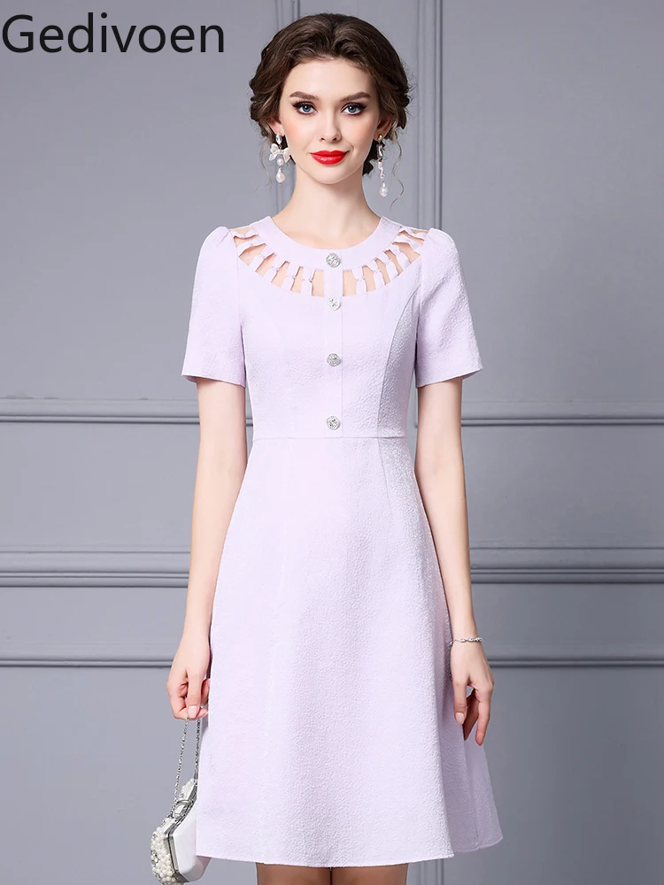 

Gedivoen Summer Fashion Runway New Designer O-Neck Collar Button Solid Purple Black Office Lady Style Slim Trumpet Dress