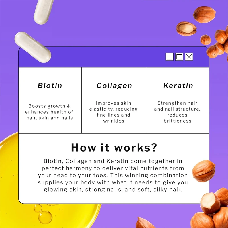 비오틴 콜라겐 및 케라틴 보충제, 모발, 피부, 네일 비타민, 여성 및 남성에게 적합, 캡슐 면역 촉진