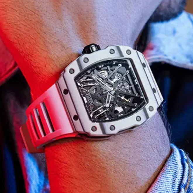 BONEST GATTI Men Automatic Watch Tonneau Mechanical Wristwatch Carbon Fiber Waterproof Sapphire Luminous Skeleton Dial FKM Strap
