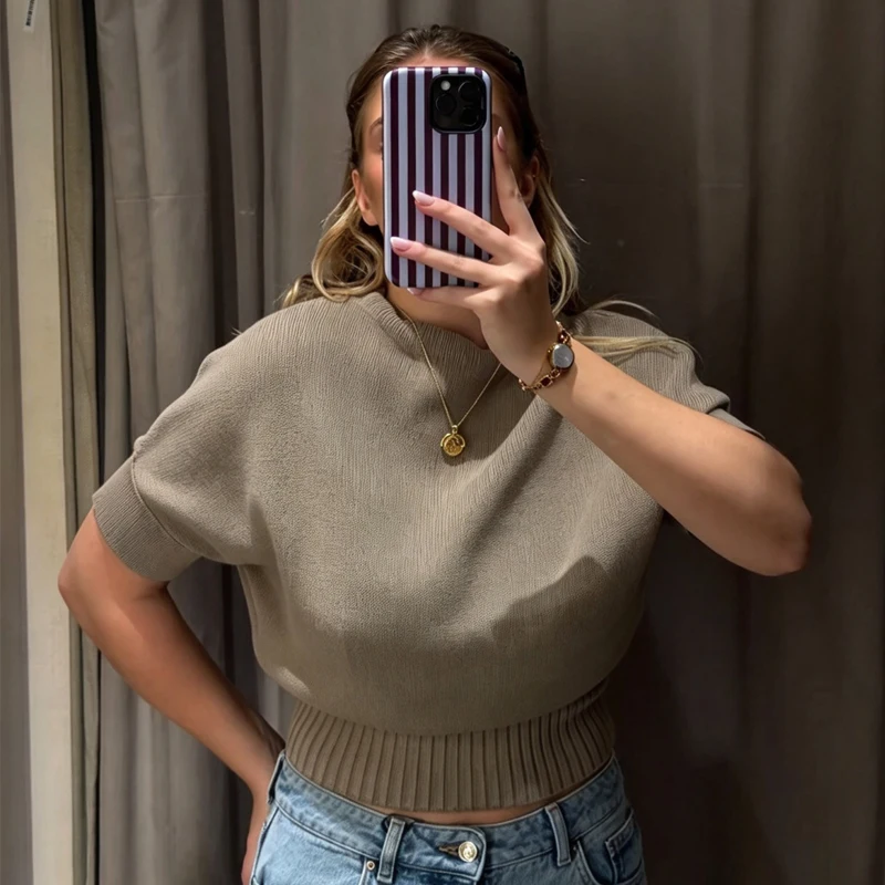 Women's Cropped Ribbed Knitted Vest Elegant Female Slim Fit Short Sleeve Knit Sweater Casual Women Pullover Tank Tops Streetwear