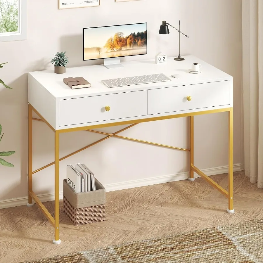 32" and Gold Desk with Drawers, Vanity Desk for Bedroom, Home Office