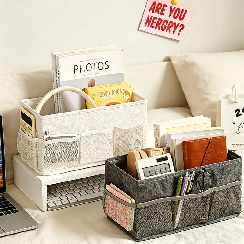 ~Linen Fabric Cosmetic Organizer With Multiple Mesh Pockets Large Capacity Perfect For Vanity Desk Bathroom Storage