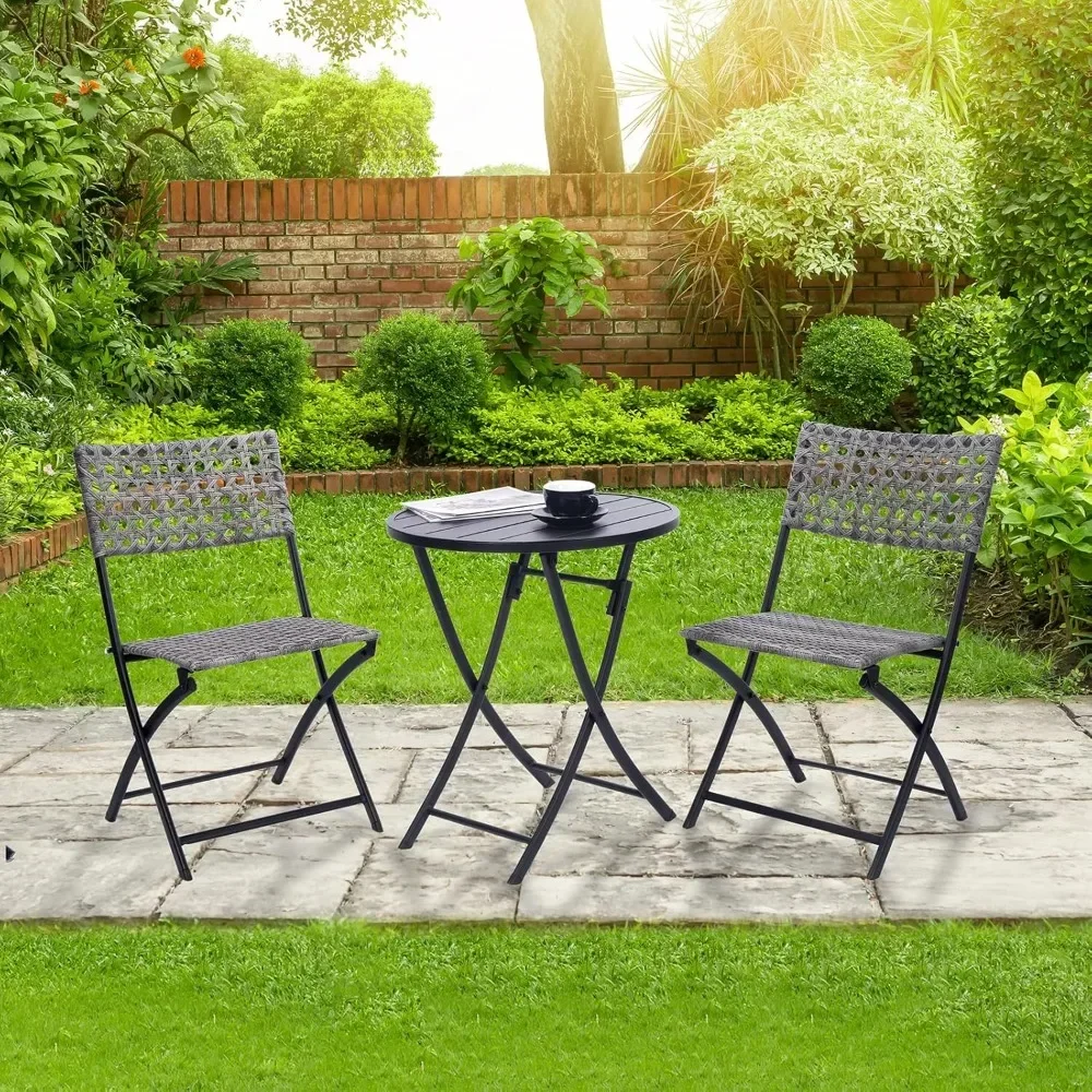 3 Pc 3 Piece Folding Outdoor Bistro, Wicker Furniture Table and Chairs for Garden, Backyard, Porch, Patio Conversation Set