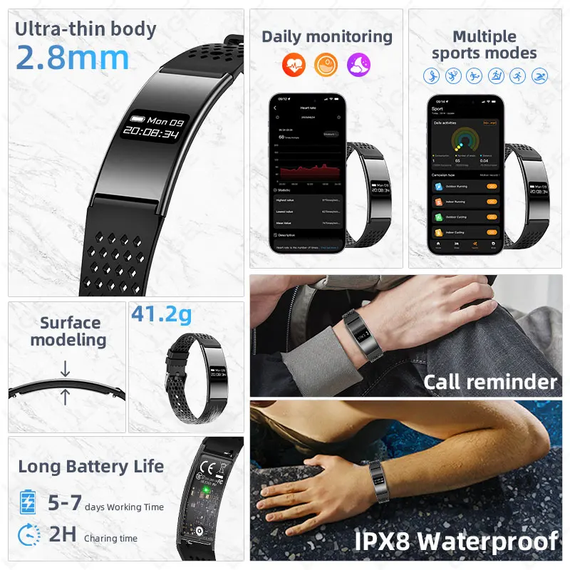 LIGE New Ultra-thin Smart Bracelet Heart Rate Fitness Tracker IP68 Waterproof Watches Pedometer Call Reminder Ladies Smart Watch