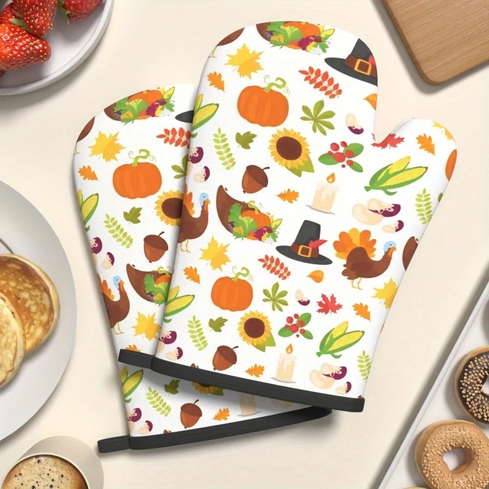 2pcs Thanksgiving Oven Mitts Heat Resistant Large Kitchen Gloves with Pumpkin, Turkey Autumn Leaves Design Heavy Duty