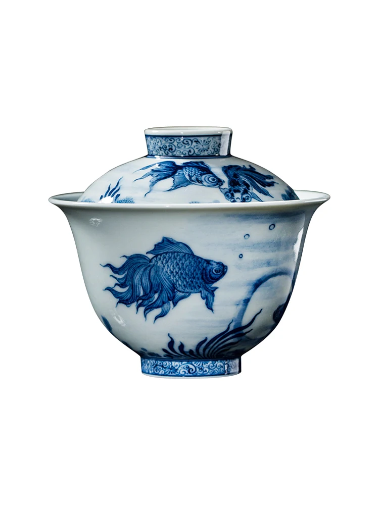 Zhongjiayao HigH-end Covered Cup Jingdezhen Chaiyao Blue And White Hand-painted Fish Music Kung Fu Tea Brewing Bowl