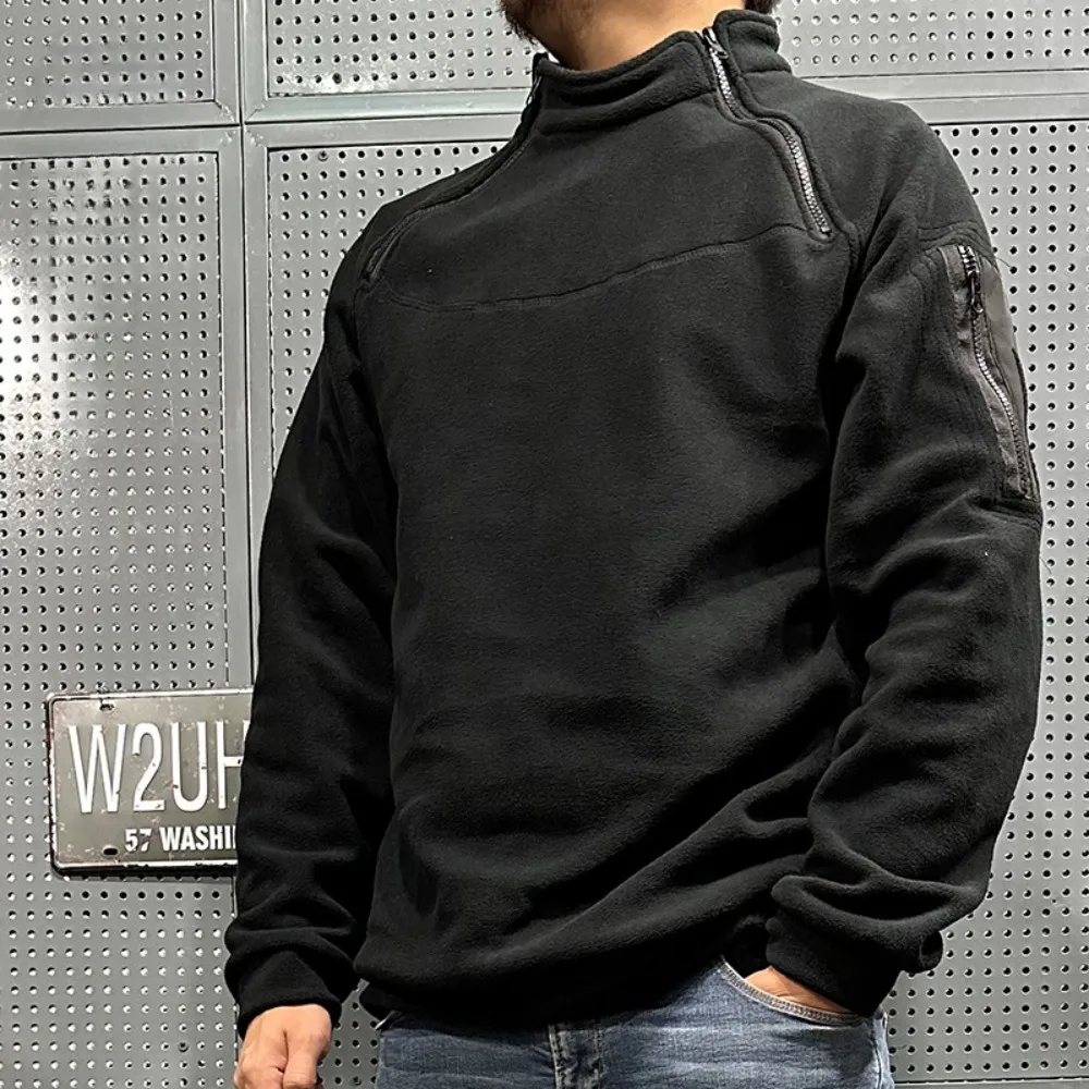 Men\'s Polar Fleece Outdoor Warm Breathable Tactical Zipper Standing Neck Long Sleeves Casual Solid Color Sweatshirt