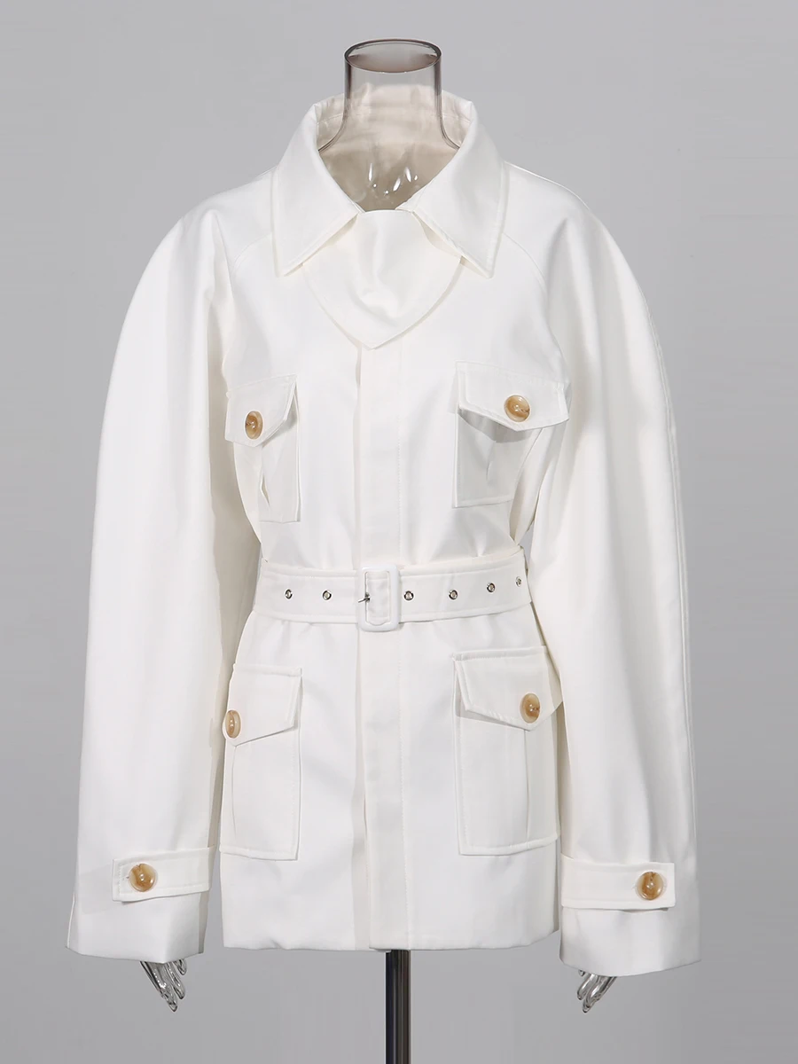 TWOTWINSTYLE Slimming Spliced Pockets Fashion Jackets for Women Lapel Long Sleeves Tunic Patchwork Belt Jacket Female Clothing