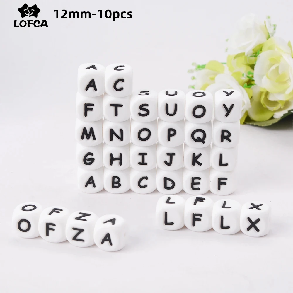 LOFCA-Cuentas de silicona para dentición de bebé, mordedores con letras del alfabeto en inglés, sin BPA, regalos para Baby Shower, 10 piezas, 12MM