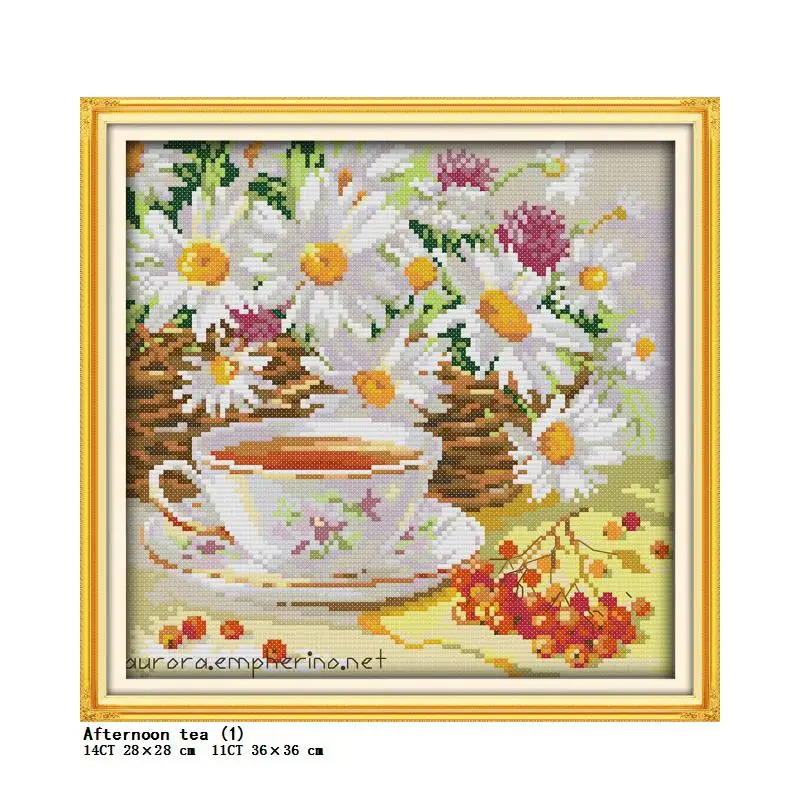 Flower Afternoon Tea Series Cross Stitch Kit Aida 14CT 11CT Canvas Fabric Needle Thread Sewing Set DIY Embroidery Kitchen Decor