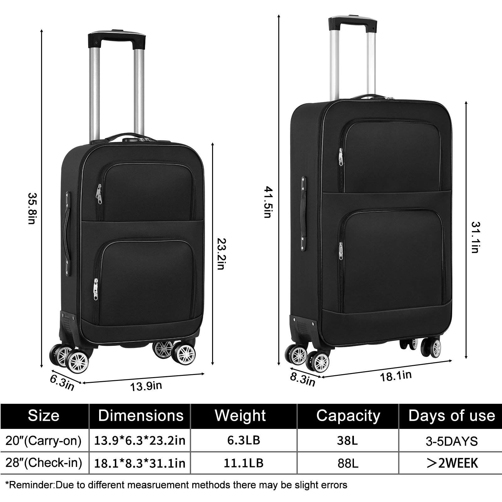 Juego de maletas de viaje Softside con ruedas giratorias, juego de maletas ligeras de 20 + 28 pulgadas, 2 piezas