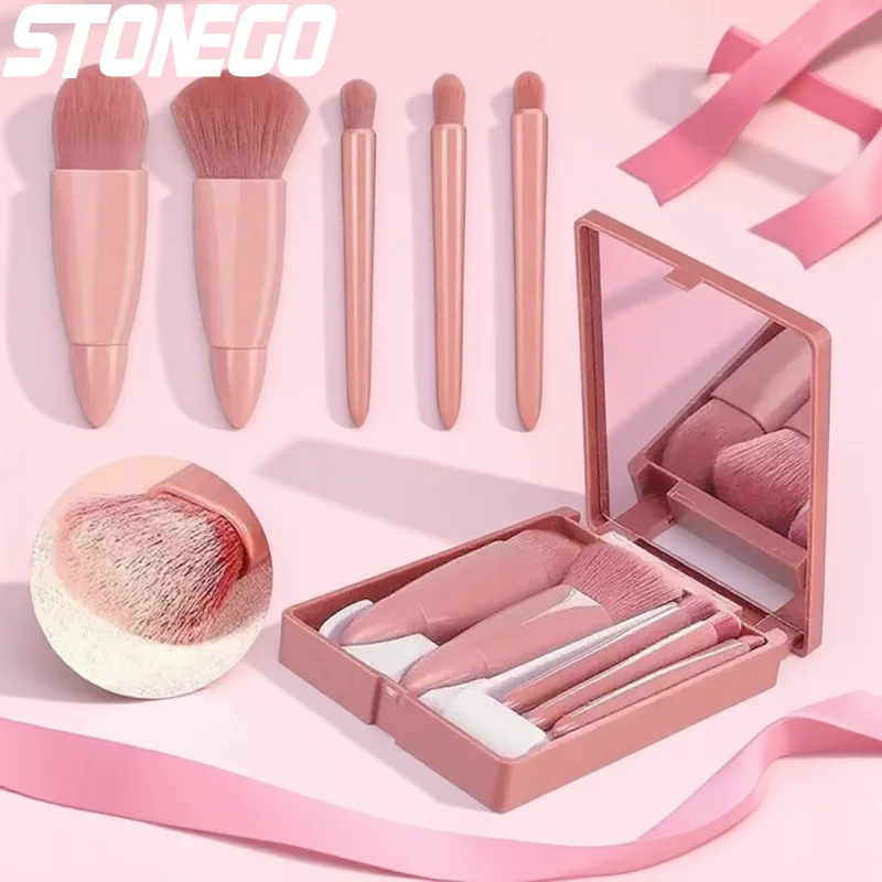 5-częściowy przenośny zestaw pędzli do makijażu z lusterkiem, pędzle kosmetyczne do pudru sypkiego, różu, cieni do powiek