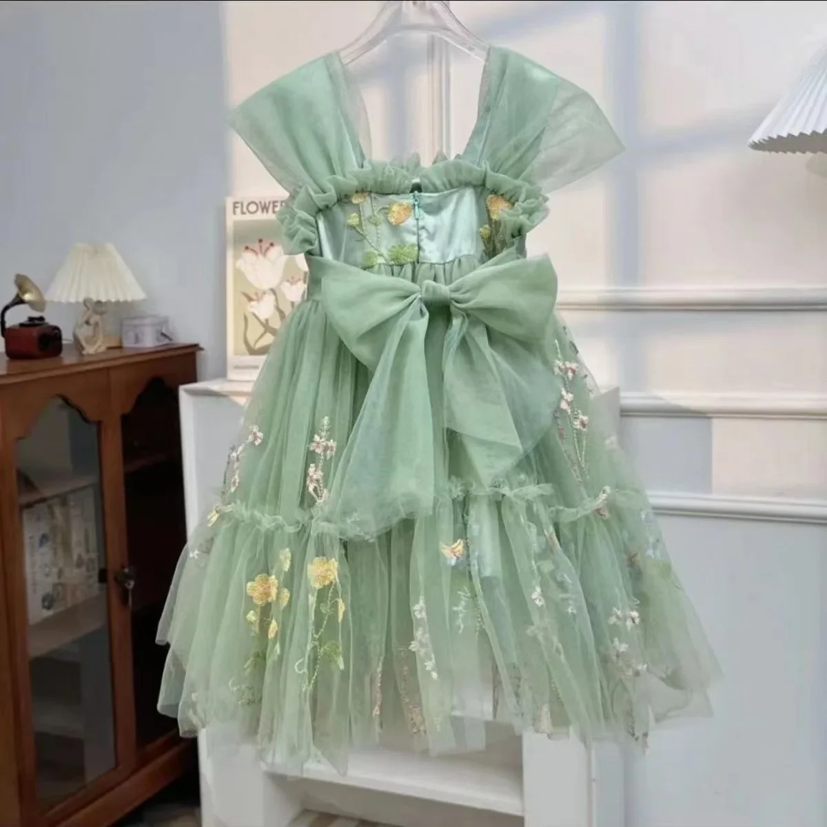 Baby Girl Summer Children\'s Green Prom Dress Floral Bows Embroidery Evening Gown Ballerina Dance Performance Dress Girl Clothes