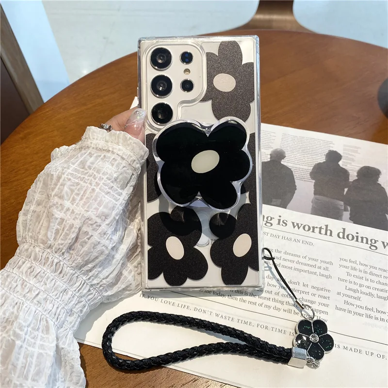Black Flowers Magsafe Case for Samsung Galaxy S22 23 24 S22Plus S22Ultra S23+ S23Ultra  S24Plus S24Ultra Cover Protective Shell