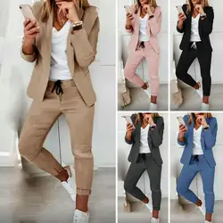 Solid Color Coat Pants Set Elegant Women's Business Suit Set with Long Sleeves Slim Fit Pants Solid Color Drawstring Elastic