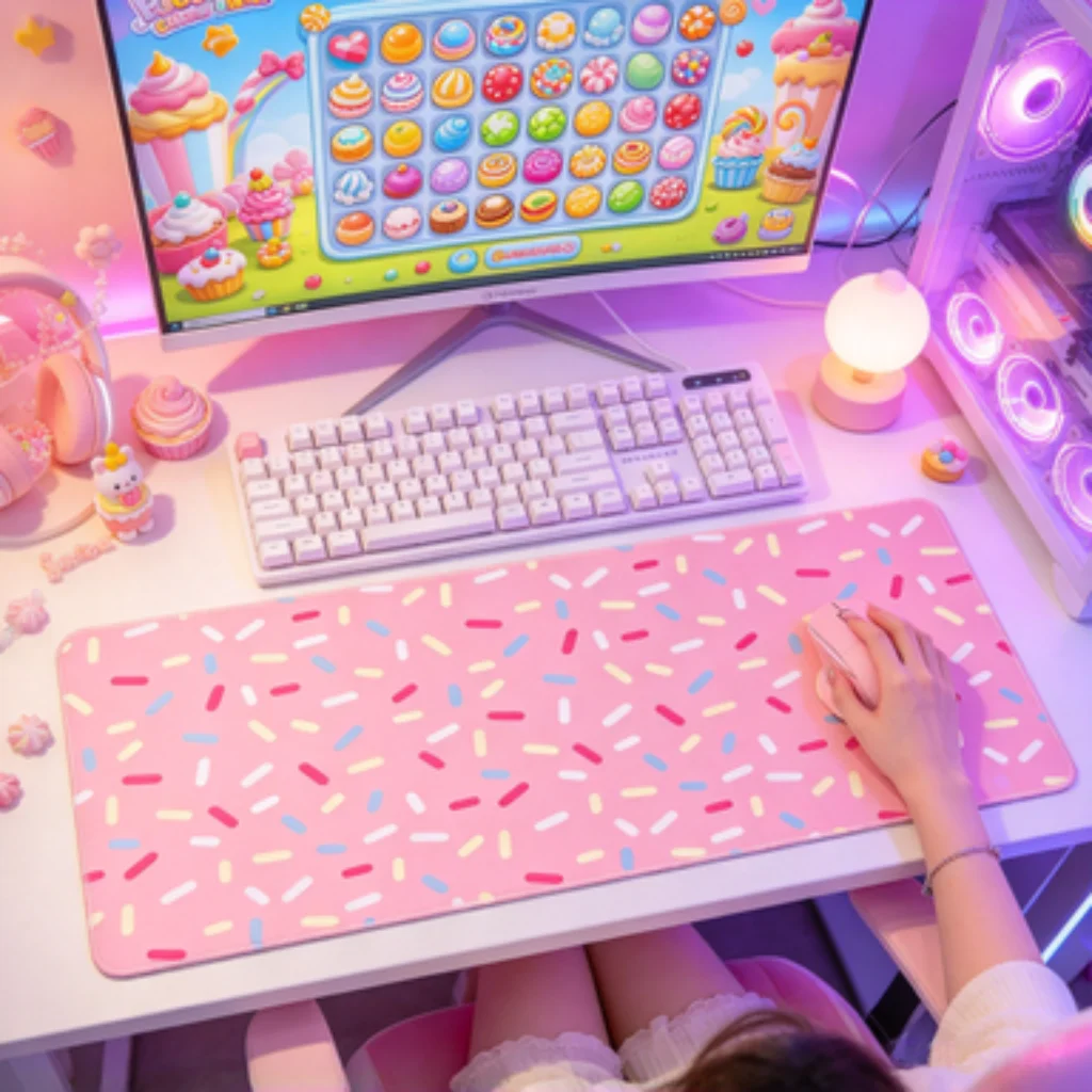 Pink Sugar Girl Desk Mat, Black White Checkerboard PC Accessory, Vintage Floral Mouse Pad, Gradient Pink Esports Desk Mat.