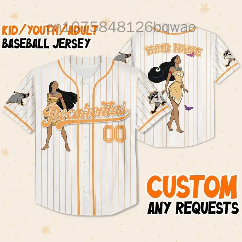 New Pocahontas Princess Baseball Jersey Custom Name Men Women Short Sleeve Shirt Disney Casual Sports Baseball Shirt