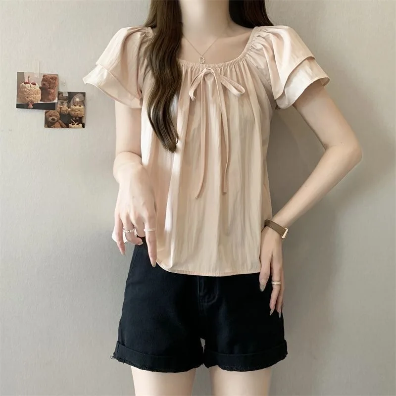 

Sleeveless Loose Off-shoulder Short-sleeve Blouse For Women Summer French-style Mint Green Shirt Slimming And Flattering Top