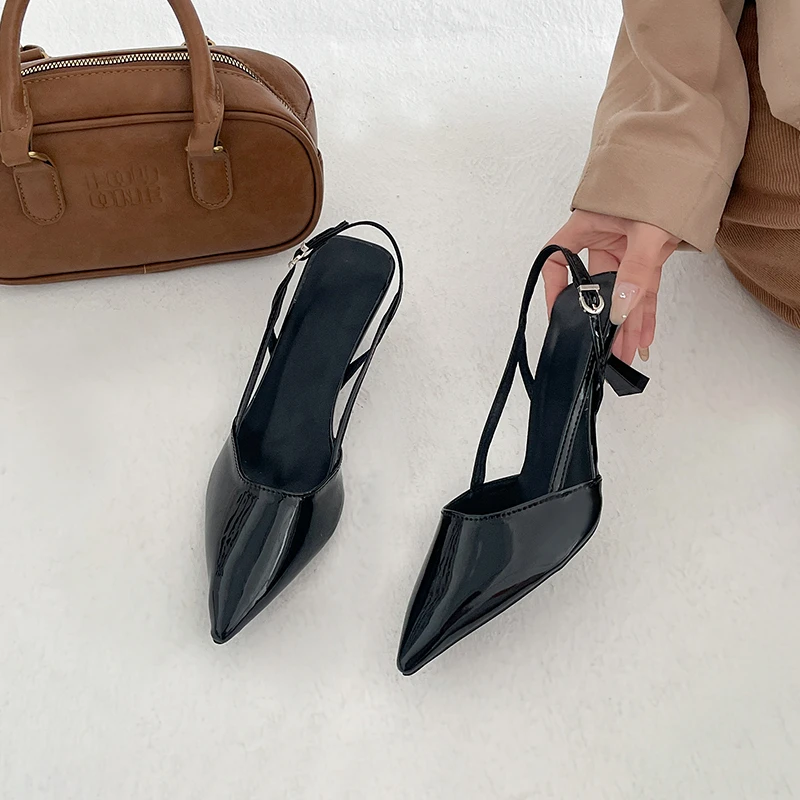 Summer Pointed-toe Low-heeled High-heeled Shoes with A Rear Open-toe Slip-on Women's Shoes