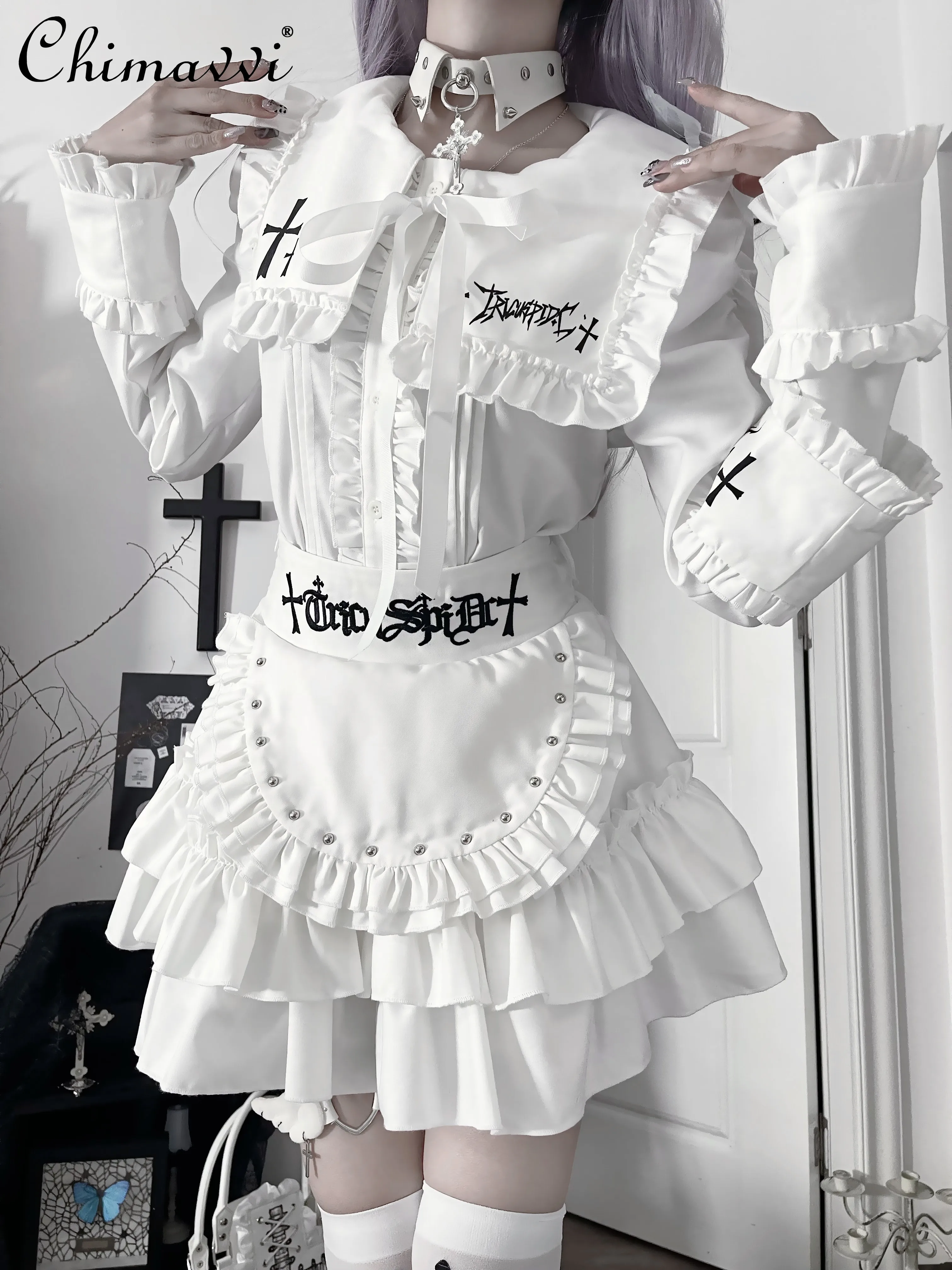 Original Japanese Gothic Print Embroidery Subculture Dark Slim Long-sleeved Shirt Girl Fake Apron Short Skirt Punk Women Outfits