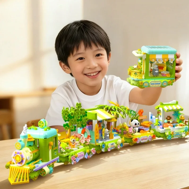 

Cartoon Panda Train Building Blocks, Difficult Assembly Model, Collection of Figures, Desktop Ornaments, Children's Toys