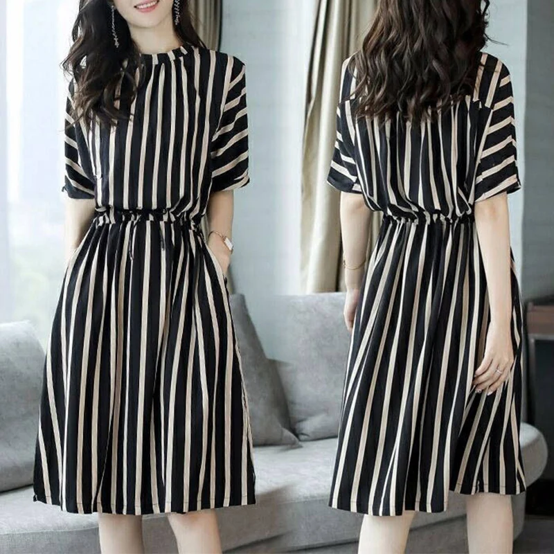 2022 Summer Korean Style Elegant Fashion Aesthetic Dress Women O Neck Waist Retraction Stripe Vestidos De Fiesta Chic Robe Femme